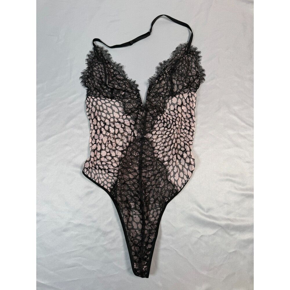 Victorias Secret Pink Black Lace Mesh Teddy Bodysuit Lingerie Sheer Small S